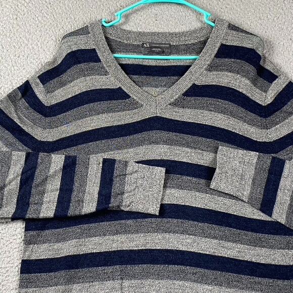 Armani Exchange Men's XL V-Neck Sweater Merino Wool Striped Gray Blue - Picture 1 of 7